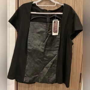 NWT HAL RUBENSTEIN Womens Short Sleeve Leather Front Black Blouse Size 2X